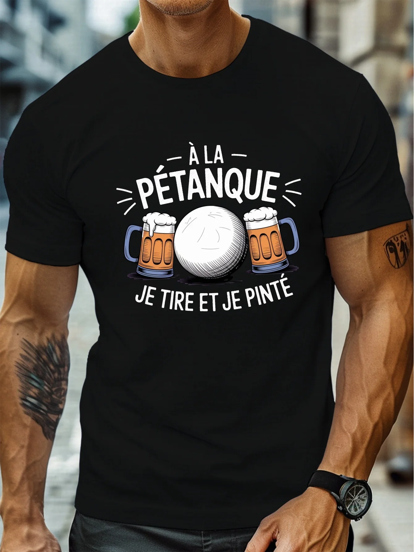 Party Games Quotes - เสื้อยืดแฟชั่นผู้ชายลายกราฟิกตลกเกี่ยวกับเบียร์เปตอง พร้อมคำพูดภาษาฝรั่งเศส พิมพ์ลายเกมเปตอง แขนสั้น สไตล์ลำลอง เหมาะสำหรับงานปาร์ตี้กีฬา