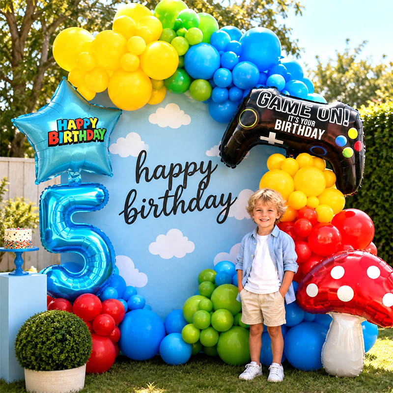 Party Games Easter For Kids - ชุดอุปกรณ์ตกแต่งฉากหลังงานวันเกิดเด็ก ประกอบด้วยลูกโป่งฟอยล์และลูกโป่งลาเท็กซ์หลากสีสัน พร้อมชุดลูกโป่งรูปเห็ดและอุปกรณ์ตกแต่งอื่นๆ