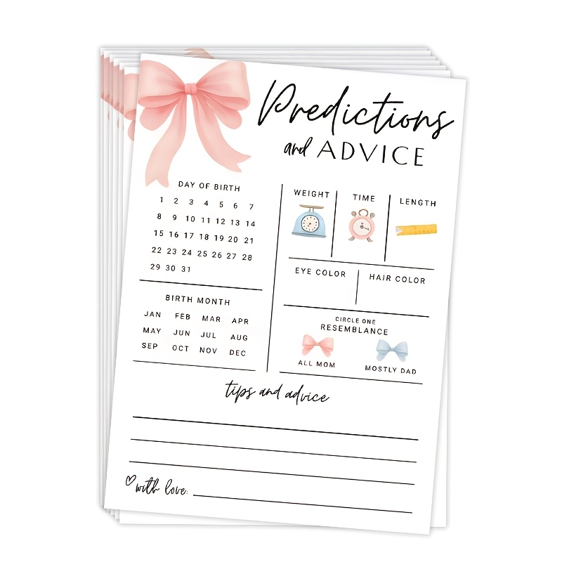 Party Games Baby Shower - การ์ดทำนายและคำแนะนำสำหรับเด็ก 20 ชิ้น - ดีไซน์โบว์สีชมพู, เกมงานเลี้ยงฉลองทารกแสนสนุก,
